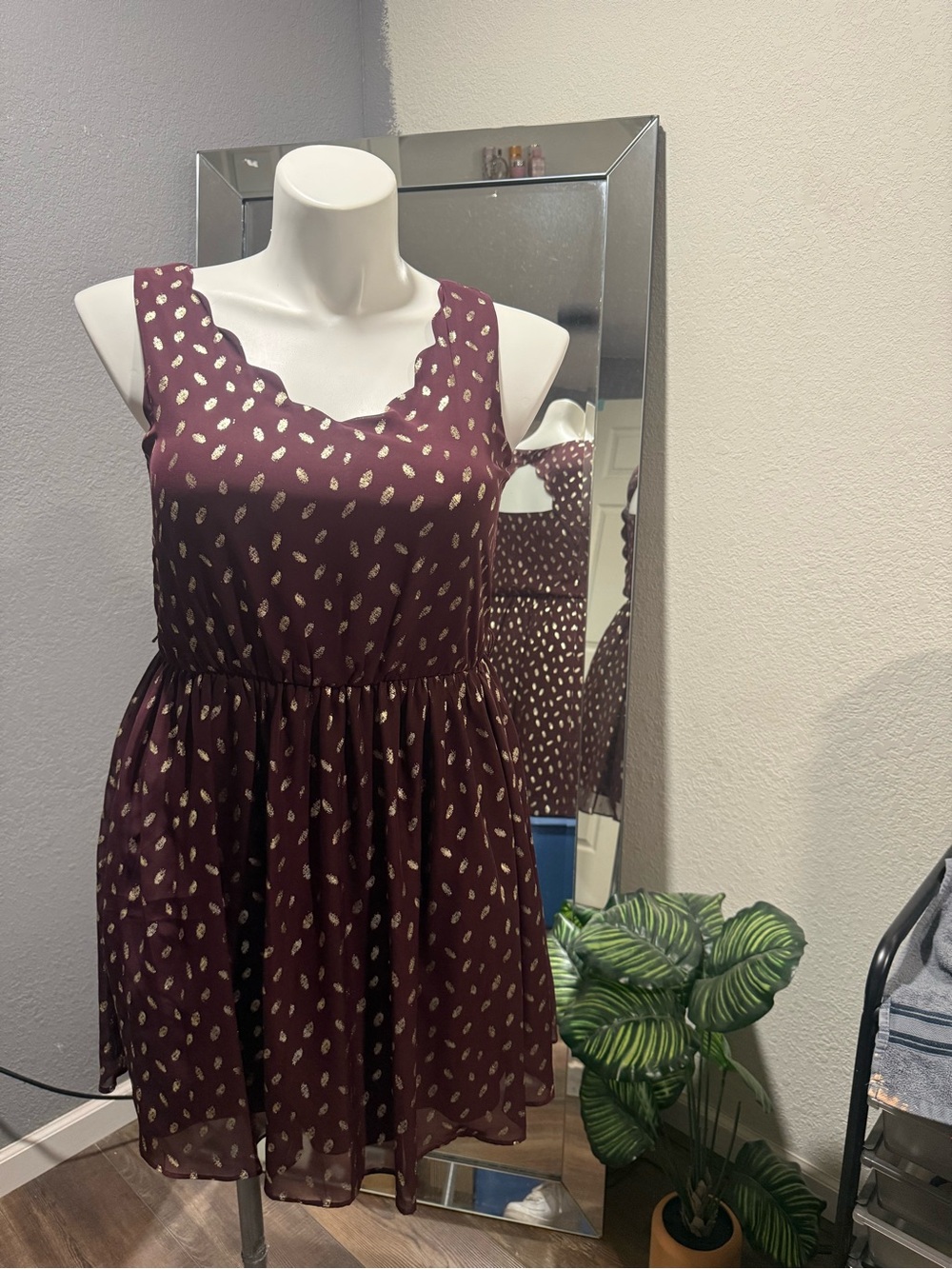 by & by Burgundy Mini Dress with Gold Leaf Print